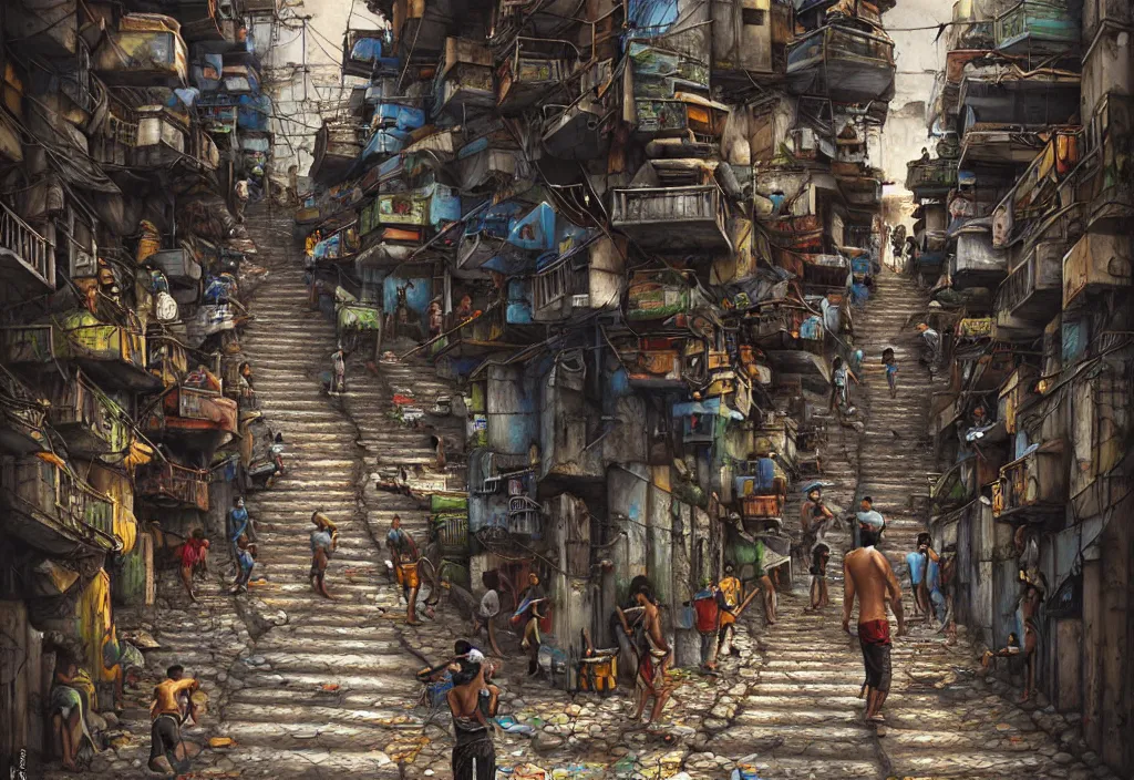 Image similar to photorealistic favela rocinha rio de janeiro with precise rendered alleys with intricate details of gun happy people in alley close view by Justin Gerard