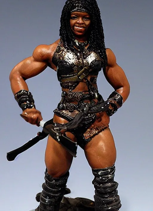 Prompt: Images on the store website, eBay, Full body, Miniature of a muscular black female warrior with club