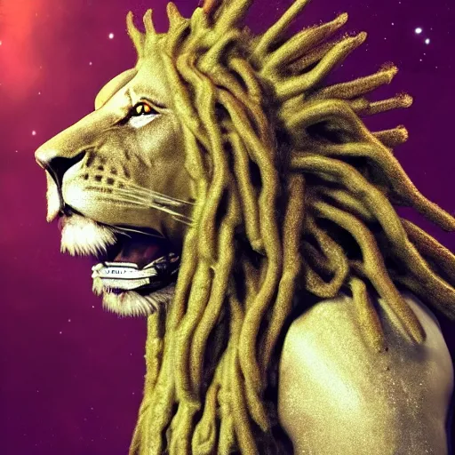 Prompt: an alien lion with dread locs wearing a crown, digital art, highly detailed face, fantasy, epic, ultra quality, cinematic lighting