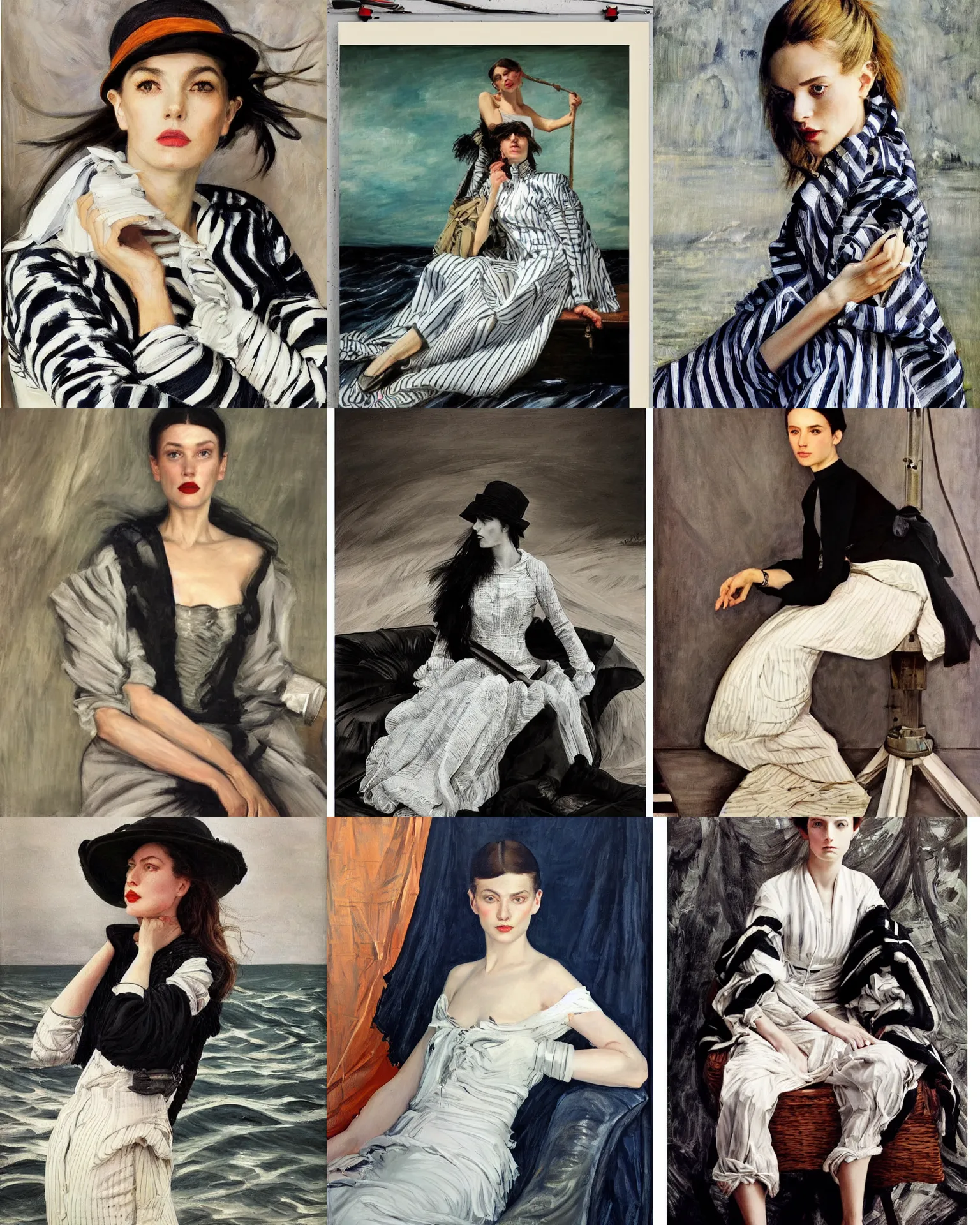 Prompt: a highly - detailed modern dark nautical full - length portrait painting. james tissot, vogue magazine, zinaida serebriakova, edward hopper, annie leibovitz. a modern!!!!! 2 0 1 0 s vogue fashion photography portrait, studio photography portrait, simple background, fully - clothed!!!.