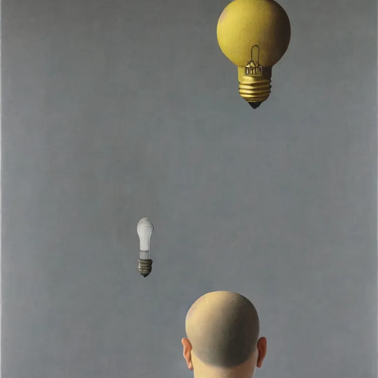 Image similar to portrait of a man, his head is a lightbulb, by rene magritte, detailed painting, hd, hq, high resolution, high detail, 4 k, 8 k