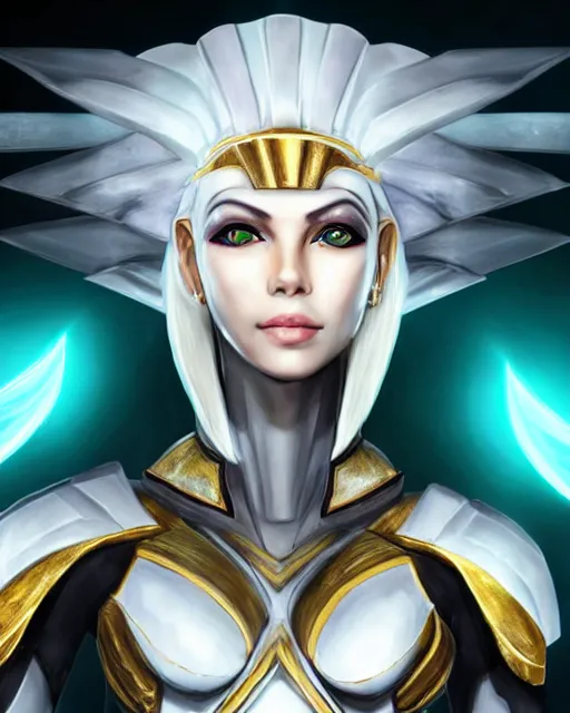 Image similar to perfect white haired attractive egyptian goddess, warframe armor, pharaoh headdress, beautiful, symmetric, dreamy, half asian, pretty face, green eyes, charlize theron, detailed, scifi platform, laboratory, experiment, 4 k, ultra realistic, epic lighting, android body, illuminated, cinematic, masterpiece, art by akihito tsukushi, voidstar