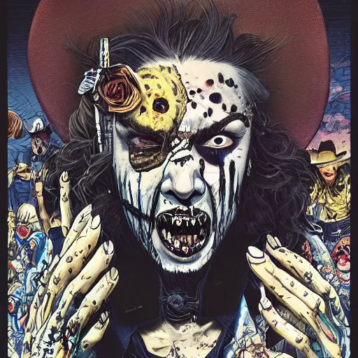 Image similar to portrait of crazy post malone zombie, with cowboy hat, symmetrical, glamour, by yoichi hatakenaka, masamune shirow, josan gonzales and dan mumford, ayami kojima, takato yamamoto, barclay shaw, karol bak, yukito kishiro