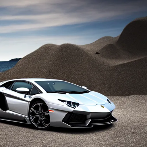 Image similar to A beautiful silver Lamborghini aventador on the beach, 8k, ray tracing reflections