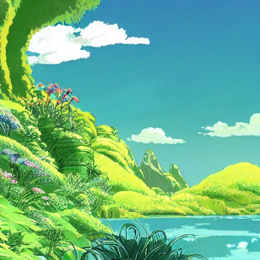 Prompt: illustration of a lush natural scene on an alien planet by studio ghibli. beautiful landscape. weird vegetation. cliffs and water.