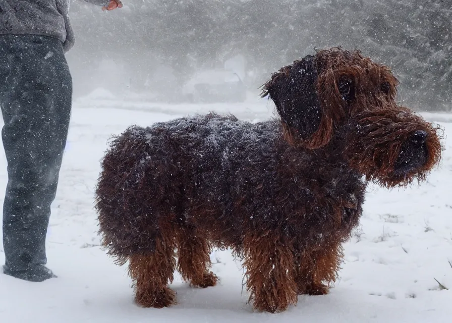 Prompt: Giant woolly dachshund, in the middle of a snow storm