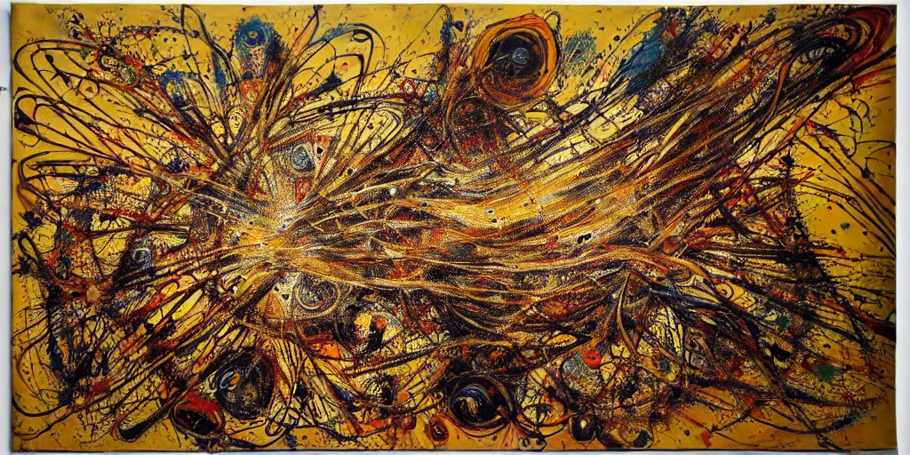 Image similar to an intricate and complex abstract painting with a lot of stains, golden threads, brown holes, surreal style, colorful, hyper detailed, jackson pollock,