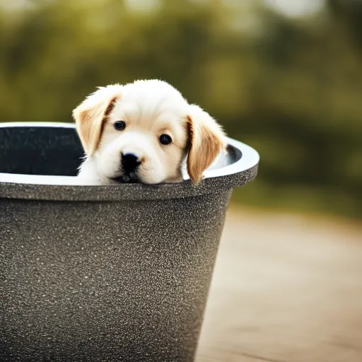 Prompt: puppy sitting in a small metal pot, photography, minimalistic, 8 k