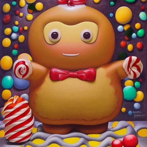 Image similar to portrait of a depressed gingerbread man living in candyland painted by fernando botero and mark ryden and hikari shimoda, lowbrow pop surrealism