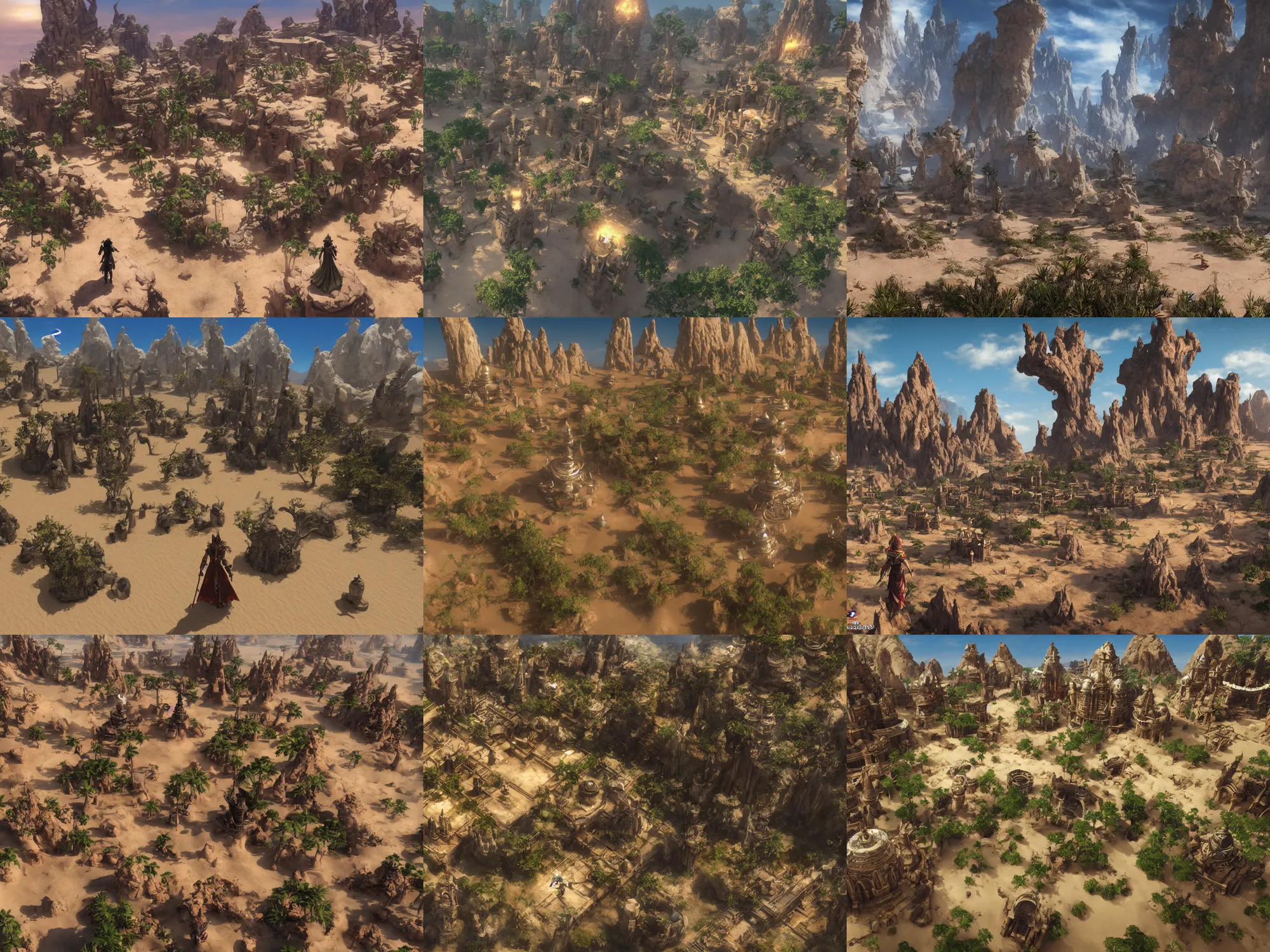 Prompt: a beautiful isolated sacred spiritual fantasy alien village in a vast sand desert, 3 rd person action adventure, screenshot, gameplay, final fantasy, square enix, squaresoft, jrpg, unreal engine, 4 k, ultra high settings, rtx, next gen graphics, playstation 5