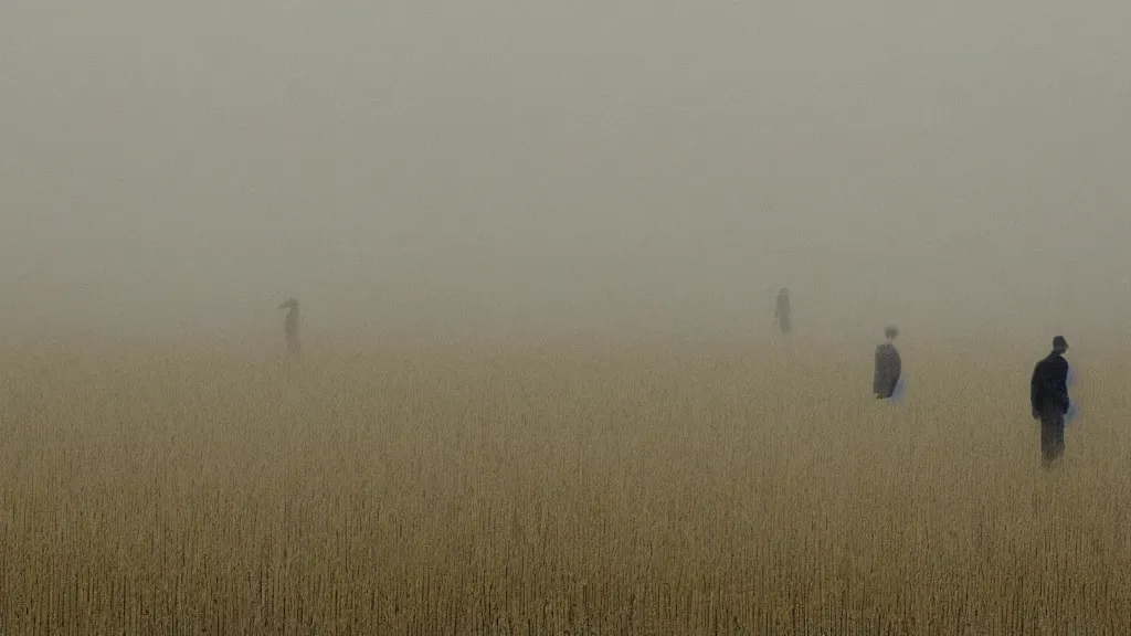 Prompt: crowd skeleton standing in a stomry, foggy wheat field, in the style of andrew wyeth, fine details