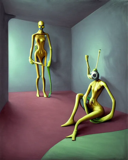 Prompt: Two skinny figures, wearing gas masks, draped in silky gold, green and pink, inside an abandoned hospital room, they sit on alien chairs, loss in despair, transhumanist speculative evolution, depth of field, part by James Jean. part by Kati Heck, Esao Andrews, Jenny Saville, Edward Hopper, surrealism, dark art by Beksinski, Yamamoto