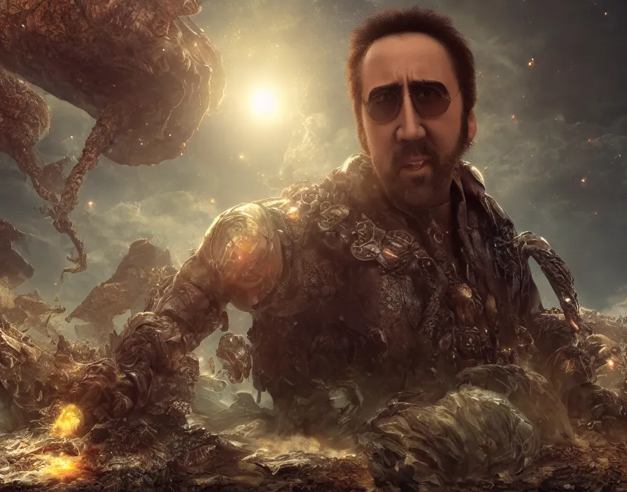 Prompt: nicolas cage save the universe from giant snail, beautiful texture, beautiful graphics, fantasy artwork, very beautiful scenery, hd, hdr, ue 5, ue 6, unreal engine 5, cinematic 4 k wallpaper, 8 k, ultra detailed, by popular digital, details, beautiful image ever created, high resolution, artstation, award winning