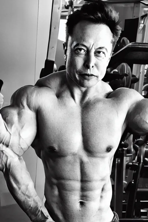 Prompt: Elon Musk is a jacked muscle builder gigachad, grayscale photography