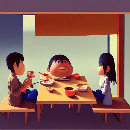 Image similar to goro fujita ilustration a family of four japanese people eating at a square wooden table, painting by goro fujita, sharp focus, highly detailed, artstation