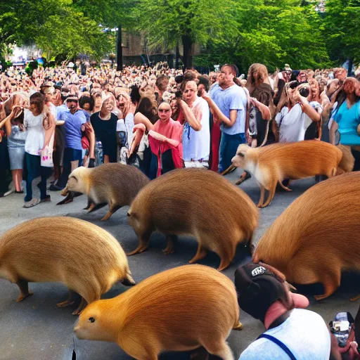 Prompt: Crowd gathers around a capybara doing Chicago footwork dancing, HD photograph, award-winning