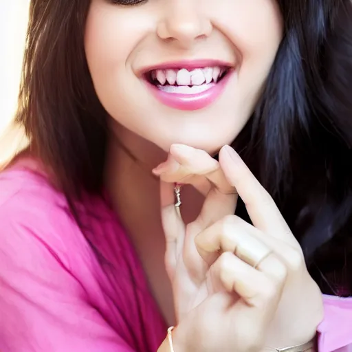 Image similar to Very beautiful girl with pink caret, photography, smiling