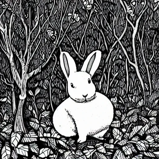 Image similar to isometric, precisely drawn, fine detailed, intense line work, drawing of a white bunny smoking a big cigarette in the deep tangled forest, by edward gorey, black ink on white paper