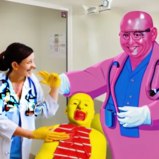 Image similar to photo of a happy patient and doctor or nurse in a hospital room made out of soft candy, candy hospital equipment, candy hospital room, candy treatments, oompa loompa virus, willy wonka pandemic