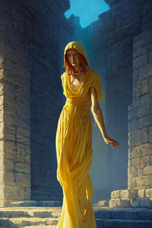 Image similar to possessed woman wearing an ancient greek tunic made of yellow paper, stephen bliss, unreal engine, fantasy art by greg rutkowski, rhads, ferdinand knab, makoto shinkai and lois van baarle, ilya kuvshinov, rossdraws, tom bagshaw, global illumination, radiant light, ancient greek temple ruins, red and blue theme