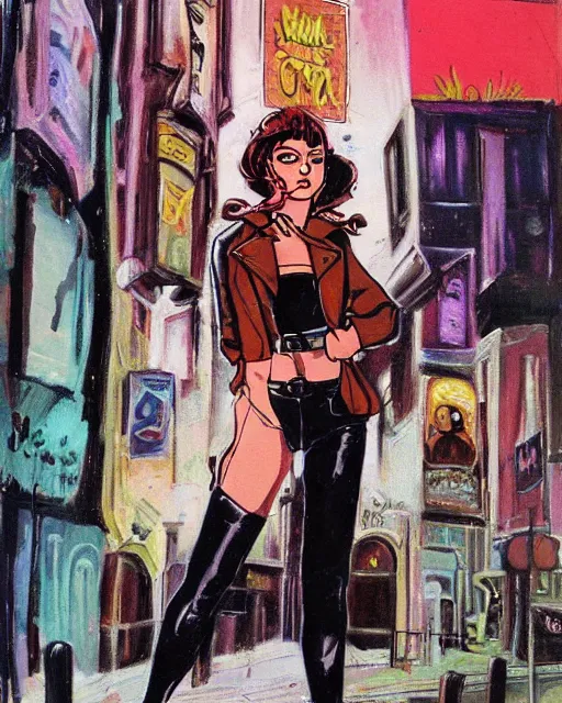 Image similar to young female protagonist in leather jacket, city street, artwork by ralph bakshi