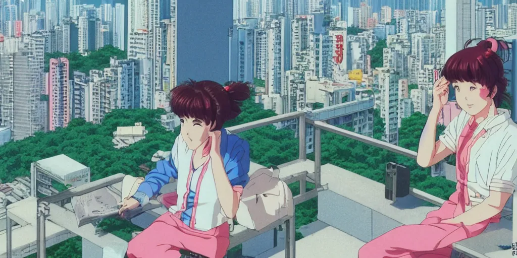 Image similar to girl smoking at rooftop overlooking hong kong, sprite, vaporwave nostalgia, directed by beat takeshi, visual novel cg, 8 0 s anime vibe, kimagure orange road, maison ikkoku, sketch by osamu tezuka, directed by makoto shinkai and beat takeshi