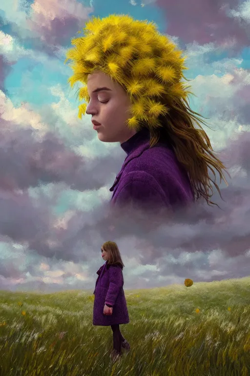 Prompt: portrait, enormous thistle flower as a head, a girl wearing coat in heather field, surreal photography, wind and cold, dramatic sky, impressionist painting, digital painting, artstation, simon stalenhag