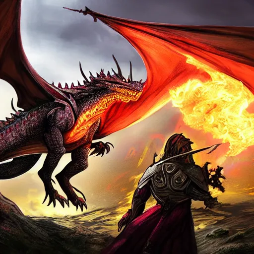 Prompt: Elden Lord fighting giant fire breathing Dragon