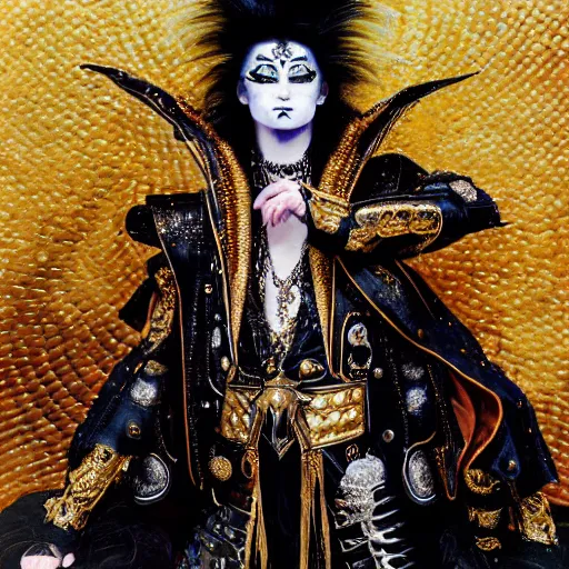 Prompt: uhd photorealistic detailed image of max voltage, the rock and roll emperor, dressed as emperor, wearing extremely intricate hair metal costume and makeup, by ayami kojima amano karol bak