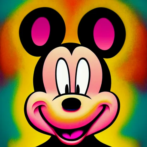 Prompt: an extremely psychedelic portrait of mickey mouse, surreal, lsd, face, detailed, intricate, elegant, lithe, highly detailed, digital painting, artstation, concept art, smooth, sharp focus, illustration