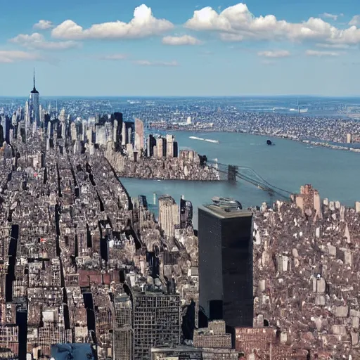 Prompt: colossal pickles flying over new york city, there are guns on the outside of the pickles that are firing projectiles down upon the city