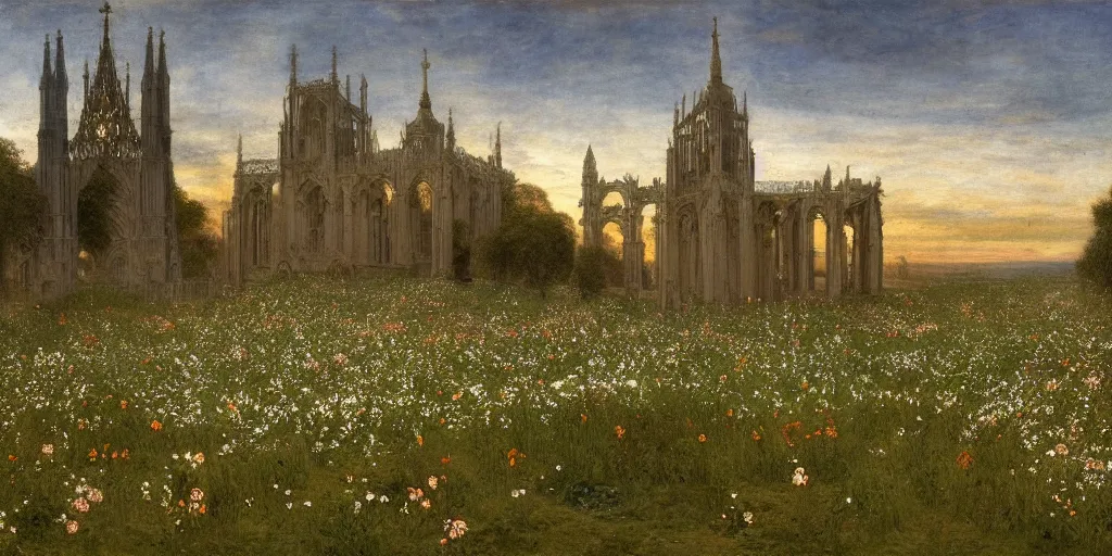 Image similar to a recursive cathedral made of marble within a wildflower meadow at dawn, infinite regress, droste effect, in the style of alma tadema