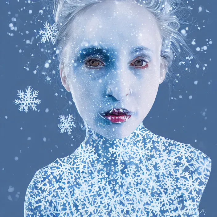 Image similar to a woman wearing a highneck dress made out of snowflakes. she is sickly looking and dying of hypothermia. pale blue lips. full body digital portrait by maromi sagi