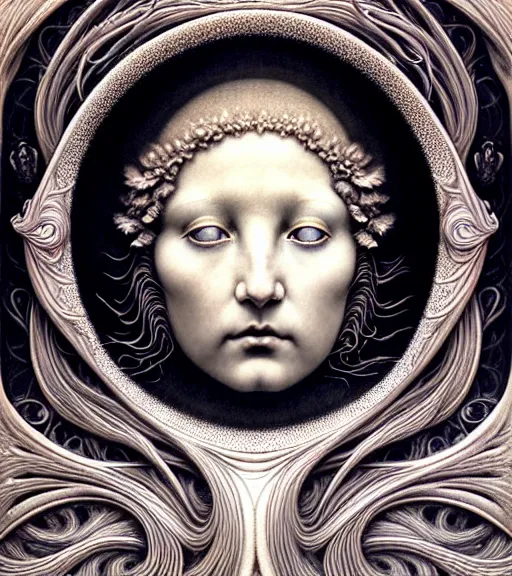 Image similar to detailed realistic porcelain beautiful moon goddess face portrait by jean delville, gustave dore, iris van herpen and marco mazzoni, art forms of nature by ernst haeckel, art nouveau, symbolist, visionary, gothic, neo - gothic, pre - raphaelite, fractal lace, intricate alien botanicals, ai biodiversity, surreality, hyperdetailed ultrasharp octane render