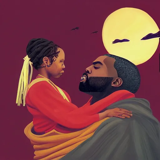 Prompt: A painting of Donda West embracing her son Kanye West as a spirit, side profile, blood, intricate details, afrofuturism, 8K concept art, spiritual, Simom Stalenhag, digital art