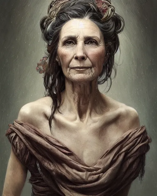 Prompt: portrait 6 0 - year - old woman, tall, severe - looking, with dark hair tied up in a bun, hyper realistic face, beautiful eyes, fantasy art, in the style of greg rutkowski, intricate, alphonse mucha, hyper detailed, smooth