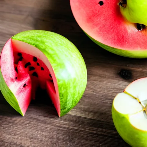 Image similar to a photo of an apple cut in half with watermelon core inside