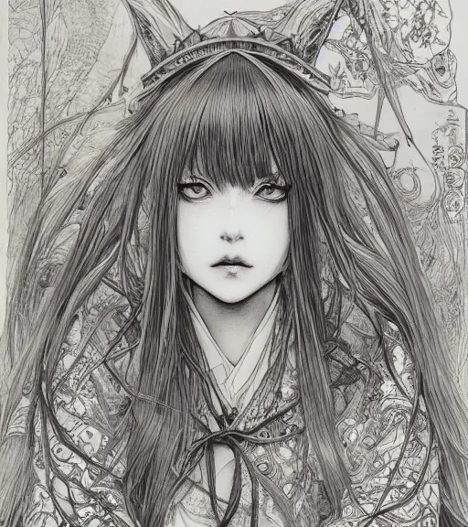 Prompt: portrait of anime woman witch, pen and ink, intricate line drawings, by yoshitaka amano, ruan jia, kentaro miura, artgerm, wlop, krenzcushart