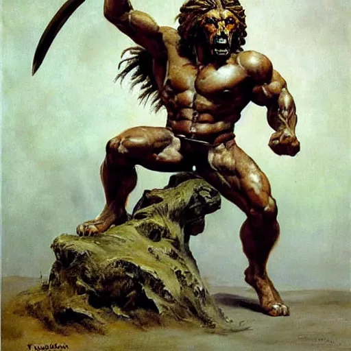 Image similar to muscular lion as barbarian hunter full body ,human legs ,very textured detailed oil painting by Frank Frazetta