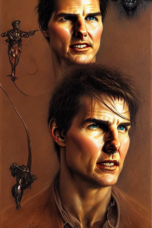 Image similar to portrait of tom cruise in the style of wayne barlowe, gustav moreau, goward, bussiere, roberto ferri, santiago caruso, luis ricardo falero, austin osman spare