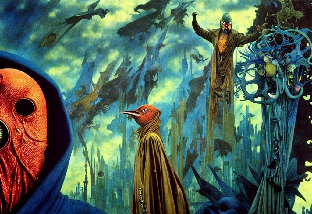 Image similar to realistic detailed portrait movie still of a birdman wearing dark robes, sci fi city landscape background by denis villeneuve, amano, yves tanguy, alphonse mucha, ernst haeckel, max ernst, roger dean, masterpiece, rich moody colours, blue eyes, snarling dog teeth