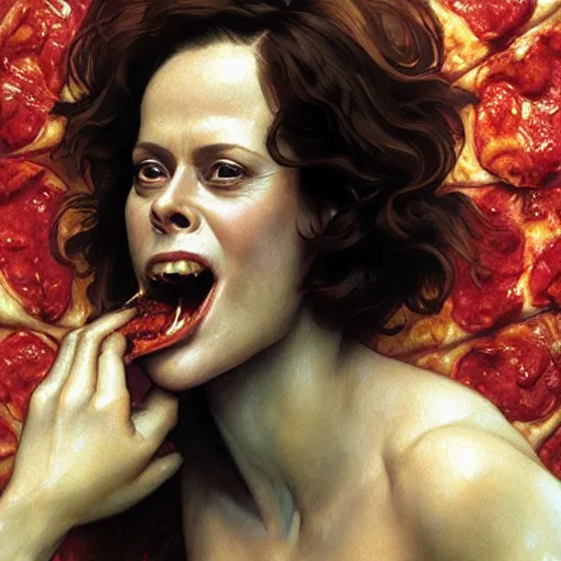 Image similar to portrait of Sigourney Weaver opening his mouth to eat pizza, highly detailed, digital painting, artstation, concept art, sharp focus, illustration, art by artgerm and greg rutkowski and alphonse mucha