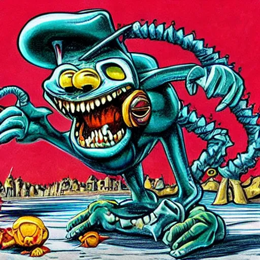 Image similar to artwork by Rat Fink, Ed 'big daddy' Roth