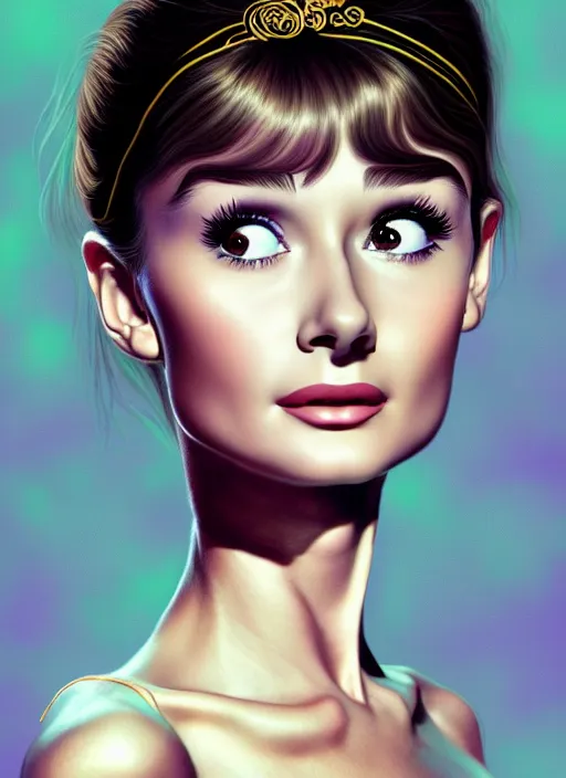 Image similar to portrait of young audrey hepburn with bangs, 1 9 7 0 s, long hair, groovy hairband, bangs, intricate, elegant, glowing lights, highly detailed, digital painting, artstation, concept art, smooth, sharp focus, illustration, art by wlop, mars ravelo and greg rutkowski