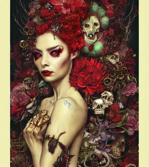 Image similar to portrait of the supreme queen of the blood cult, surrounded by skulls and overgrowth and dark flowers by karol bak, James Jean, tom bagshaw, rococo, trending on artstation, fantasy magic, fashion girl cinematic lighting, hyper realism, octane render, 8k, hyper detailed.