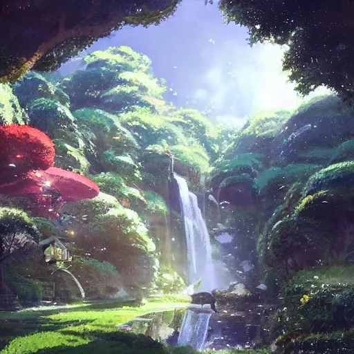 Image similar to geodesic dome with gardens and waterfall, gapmoe kuudere moody lighting stunning bokeh highlights sharp contrast | trending pixiv fanbox | by greg rutkowski makoto shinkai takashi takeuchi studio ghibli