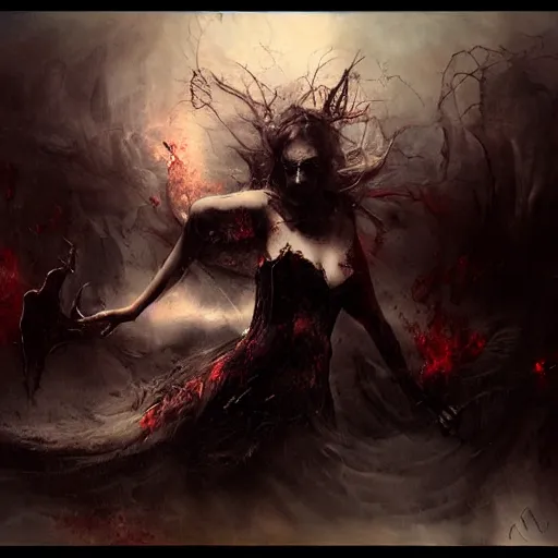 Prompt: gothic horror by raymond swanland, highly detailed, abstract, dark tones