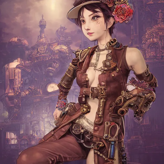 Image similar to the portrait of true neutral semi - colorful female steampunk mechanist as absurdly beautiful, gorgeous, elegant, young gravure idol, an ultrafine hyperdetailed illustration by kim jung gi, irakli nadar, intricate linework, bright colors, octopath traveler, final fantasy, unreal engine 5 highly rendered, global illumination, radiant light, detailed and intricate environment