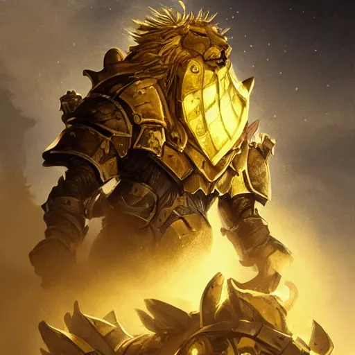 Image similar to yellow heavy armored knight with the head of a lion, lion head, epic fantasy style, in the style of Greg Rutkowski, hearthstone artwork