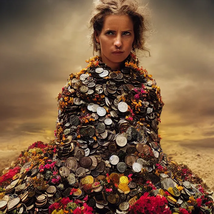 Image similar to closeup portrait of a woman wearing a cloak made of coins and flowers, standing in an apocalyptic smoking city, by Annie Leibovitz and Steve McCurry, natural light, detailed face, CANON Eos C300, ƒ1.8, 35mm, 8K, medium-format print